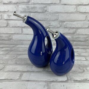 Rachael Ray Set of 2 Blue Glaze EVOO Olive Oil Bottle Dispenser W/ Spout 9” & 7”